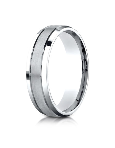 Benchmark 10K White Gold 6mm Comfort-Fit Satin-Finished High Polished Beveled Edge Carved Design Ring
