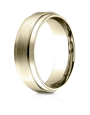 Benchmark 18k Yellow Gold 7mm Comfort-Fit Satin-Finished w/ High Polish Drop Edge Carved Design Band