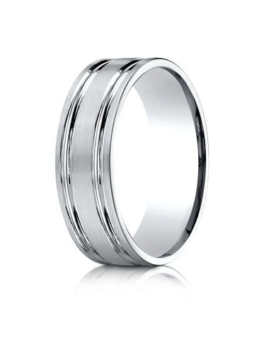 Benchmark Platinum 7mm Comfort-Fit Satin-Finished with Parallel Grooves Carved Design Band, (Sizes 4-15)