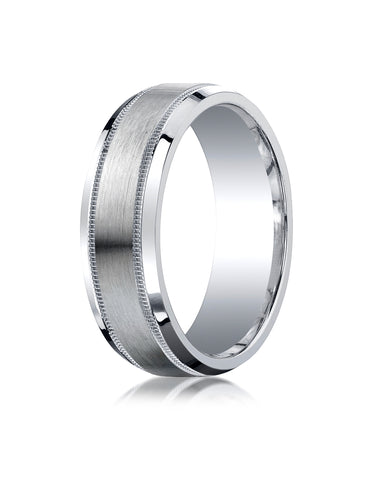Benchmark Argentium Silver 7mm Comfort-Fit Satin-Finished Center with Milgrain Design Wedding Band Ring