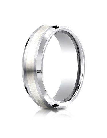 Benchmark Cobaltchrome™- Silver 7mm Comfort-Fit Satin-Finished Silver Inlay Design Wedding Band Ring