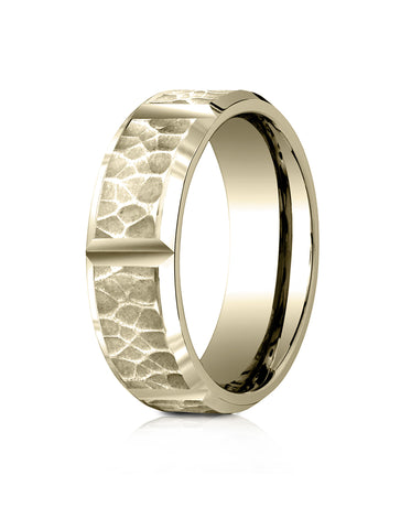Benchmark 14k Yellow Gold 7mm Comfort-Fit Hammered Finish Grooved Carved Design Band, (Sizes 4-15)
