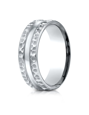 Benchmark Platinum 7.5mm Comfort-Fit Hammered Finish Center Cut Design Wedding Band Ring (Sizes 4 - 14 )