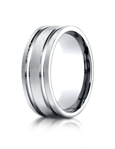 Benchmark Platinum 8mm Comfort-Fit Satin-Finished with Parallel Grooves Carved Design Wedding Band Ring