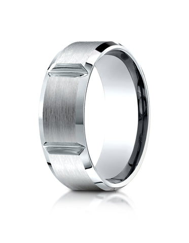 Benchmark Platinum 8mm Comfort-Fit Satin-Finished Grooves Carved Design Wedding Band Ring