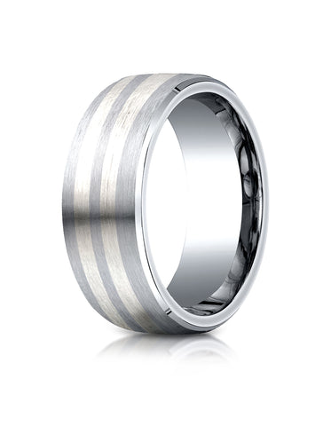 Benchmark Cobaltchrome™ Silver 8mm Comfort-Fit Satin-Finished Parallel Silver Inlay Design Wedding Band