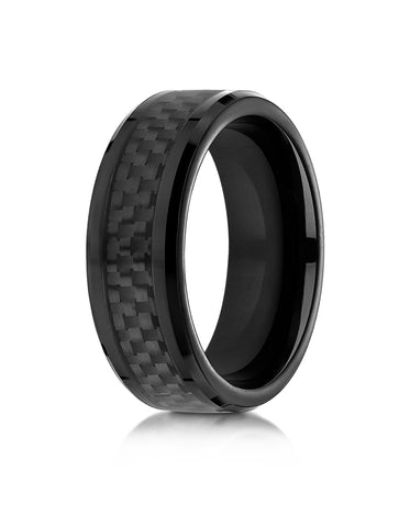 Benchmark Cobaltchrome 8mm Comfort-Fit Wedding Band Ring with Black Carbon Fiber Inlay, (Sizes 6 - 14)