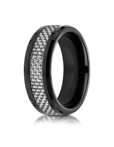 Benchmark Cobaltchrome 8mm Comfort-Fit Wedding Band Ring with White Carbon Fiber Inlay, (Sizes 6 - 14)