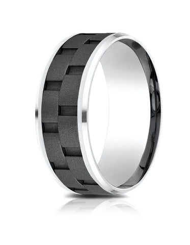 Benchmark Blackened Cobalt 8mm Comfort-Fit Beveled Edge Satin Finish Link Pattern Design Ring