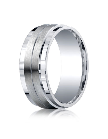 Benchmark Argentium Silver 9mm Comfort-Fit Satin-Finished with Center Cut Design Wedding Band Ring
