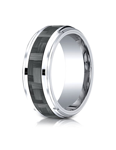 Benchmark Cobaltchrome 9mm Comfort-Fit Drop Beveled Edge Grey Carbon Fiber Design Ring, (Sizes 6-14)