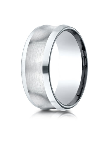 Benchmark Argentium Silver 9mm Comfort-Fit Satin Center Concave Beveled Edge Design Wedding Band Ring