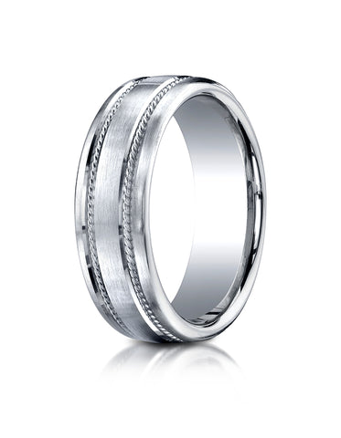 Benchmark Platinum 7.5mm Comfort-Fit Satin-Finished Rope Carved Design Wedding Band Ring