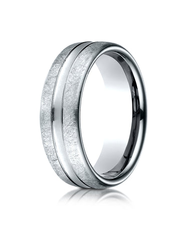 Benchmark Platinum 7.5mm Comfort-Fit Swirled Finish Center Convex Cut Design Wedding Band Ring