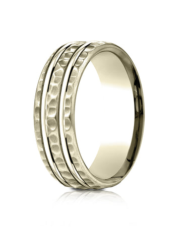 Benchmark 14k Yellow Gold 7.5mm Comfort-Fit Hammered Finish Double High Polish Cut Design Band,(Size 4-14)