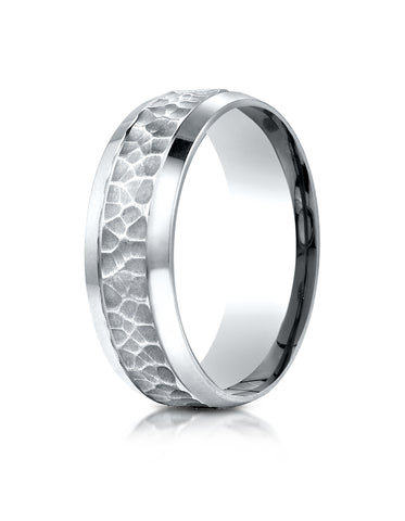 Benchmark Platinum 7.5mm Comfort-Fit Hammered Finish Beveled Edge Design Wedding Band Ring