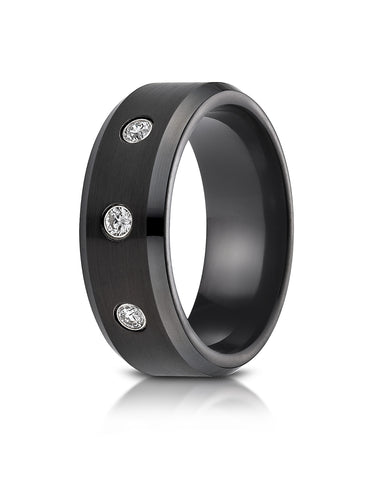 Benchmark Blackened Cobaltchrome 8mm Comfort-Fit Satin Centered 3 Stone Diamond Ring (0.24Ct.),(Size 6-14)