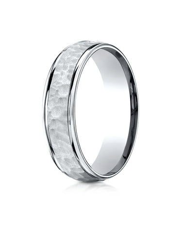 Benchmark Platinum Comfort-Fit 6mm High Polish Edge Hammered Center Design Wedding Band Ring
