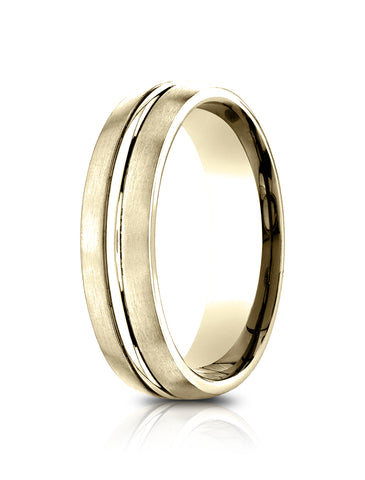 Benchmark 14k Yellow Gold 6.5mm Comfort-Fit Satin-Finished with, Polished Center Cut Carved Design Band