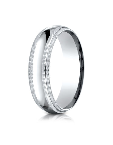 Benchmark 18K White Gold 6mm Slightly Domed Standard Comfort-Fit Wedding Band Ring with Double Milgrain