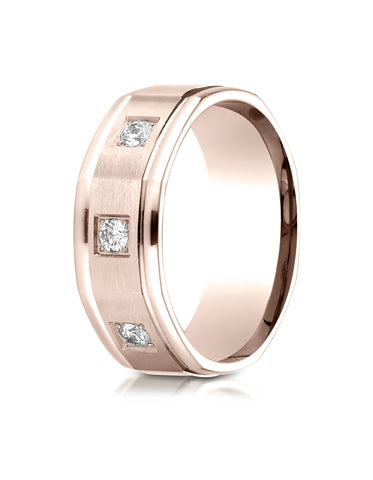 Benchmark 14K Rose Gold 8mm Comfort-Fit Pave-set 3-Stone Diamond Wedding Band Ring (0.24 ct.)