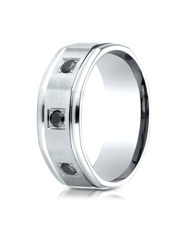 Benchmark 14K White Gold 8mm Comfort-Fit Pave-set 3-Stone Black Diamond Wedding Band Ring (0.24 ct.)