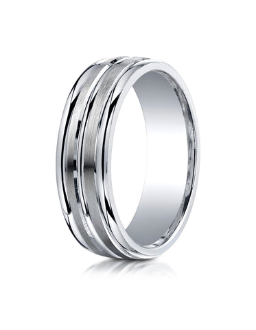 Benchmark Argentium Silver 7mm Comfort-Fit Satin-Finished Double Groove Center Design Wedding Band Ring
