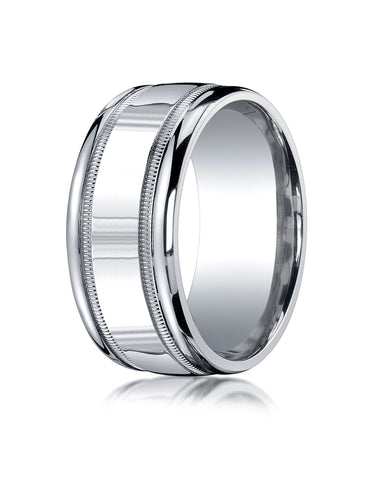Benchmark Argentium Silver 10mm Comfort-Fit High Polished Milgrain Design Wedding Band Ring