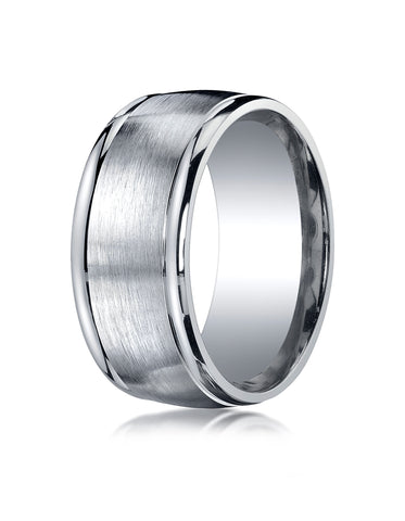 Benchmark Argentium Silver 10mm Comfort-Fit Satin-Finished High Polished Round Edge Design Wedding Band