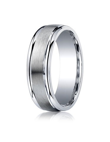 Benchmark Argentium Silver 7mm Comfort-Fit Satin-Finished High Polished Round Edge Design Wedding Band