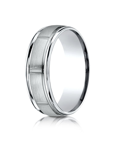 Benchmark Platinum 7mm Comfort-Fit Satin-Finish 8 Center Cuts and Round Edge Carved Design Band, (4-15)