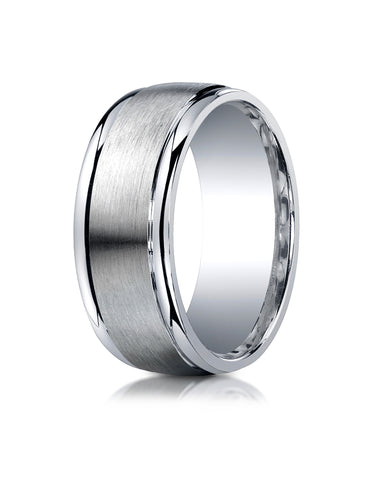 Benchmark Argentium Silver 9mm Comfort-Fit Satin-Finished High Polished Round Edge Design Wedding Band