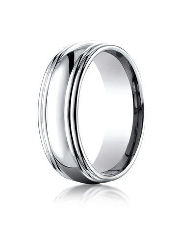 Benchmark Platinum 7.5mm Comfort-Fit High Polished Double Round Edge Carved Design Wedding Band Ring