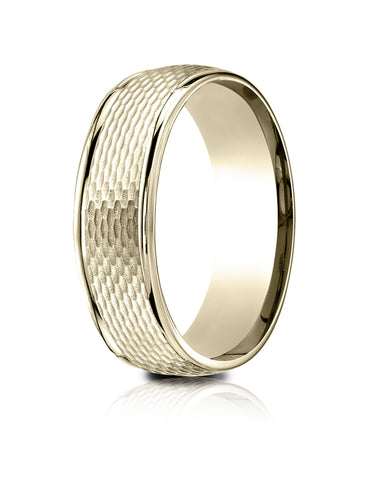 Benchmark 14K Yellow Gold 7.5mm Comfort-Fit Round Edge Mesh Center Design Band, (Size 4-14)