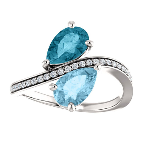 14k White Gold Aquamarine, London Blue Topaz & 1/8 CTW Diamond Ring, Size 7