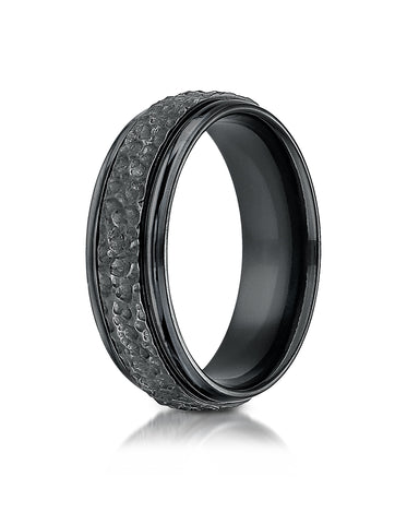 Benchmark Black Titanium 7 mm Comfort-Fit Hammered-Finished Design Wedding Band Ring, (Sizes 6 - 14)
