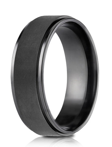 Benchmark Black Titanium 7mm Comfort-Fit Beveled Edge Pattern Design Ring, (Sizes 6-14)