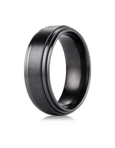 Benchmark Black Titanium 8mm Comfort-Fit Satin-Finished Double Edge Design Wedding Band Ring