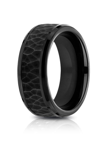 Benchmark Black Titanium 8mm Comfort-Fit Ring with Black Cobalt Hammered Finish Center, (Size 6-14)