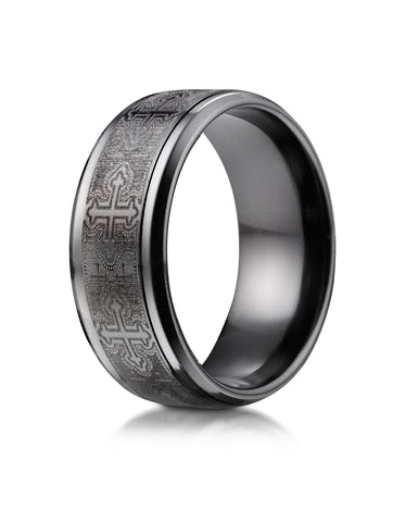 Benchmark Black Titanium 9mm Comfort-Fit Cathedral Cross Design Wedding Band Ring, (Sizes 6 - 14)
