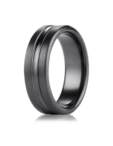Benchmark Black Titanium 7.5mm Comfort-Fit Satin-Finished High Polished Center Cut Carved Design Ring