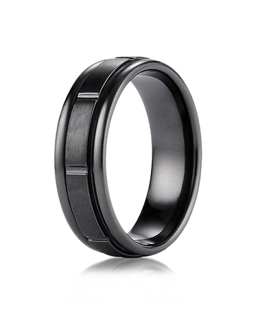 Benchmark Black Titanium 7mm Comfort-Fit Satin-Finished Round Edge Design Wedding Band Ring