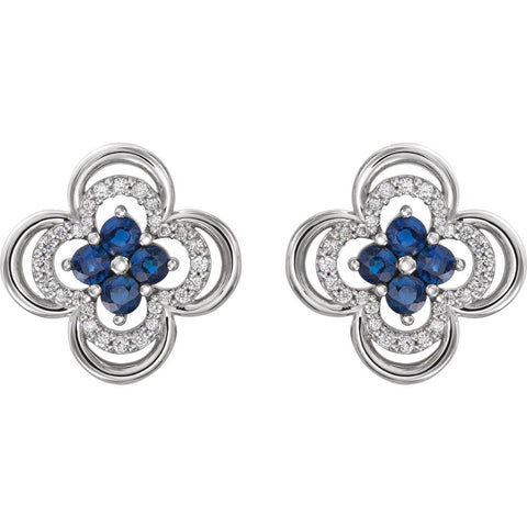 14k White Gold Genuine Blue Sapphire & 1/5 CTW Diamond Clover Earrings