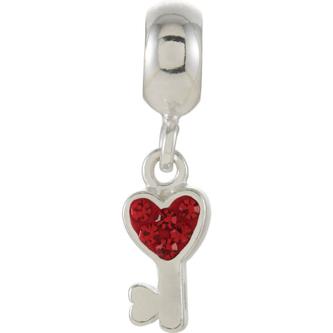 Sterling Silver 23.5x2.7mm Kera Red Crystal Heart Key Charm Sterling Silver 23.5x2.7mm Kera Red Crystal Heart Key Charm
