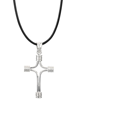 Sterling Silver 33.75x23.25 Tubular Cross with 18" Black Leather Cord & Box Sterling Silver 33.75x23.25 Tubular Cross with 18" Black Leather Cord & Box