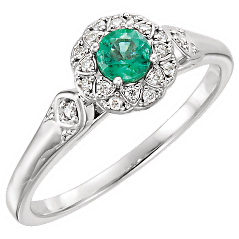 14k White Gold Emerald & 1/10 CTW Diamond Ring , Size 7
