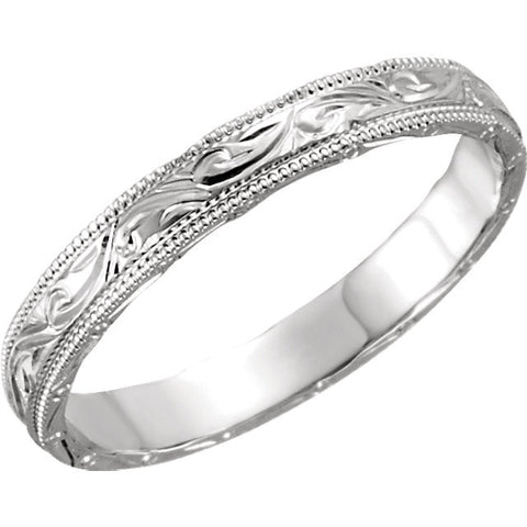 14k White Gold 3mm Hand Engraved Band Size 10