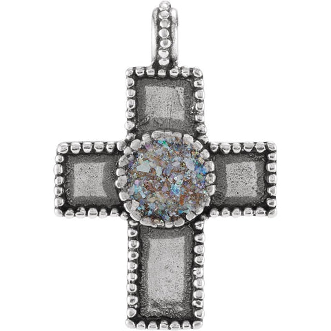 Sterling Silver Cross Pendant with Ancient Roman Glass Design Sterling Silver Cross Pendant with Ancient Roman Glass Design
