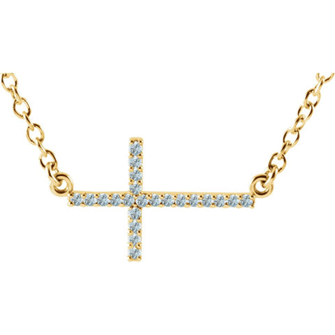 14k Yellow Gold Aquamarine Sideways Cross 16-18" Necklace