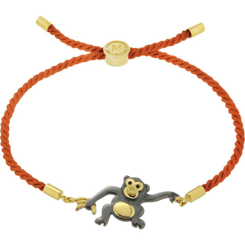 18k Yellow Gold Vermeil & Black Rhodium Plated Monkey Red Satin 8" Bracelet for Mischief 18k Yellow Gold Vermeil & Black Rhodium Plated Monkey Red Satin 8" Bracelet for Mischief